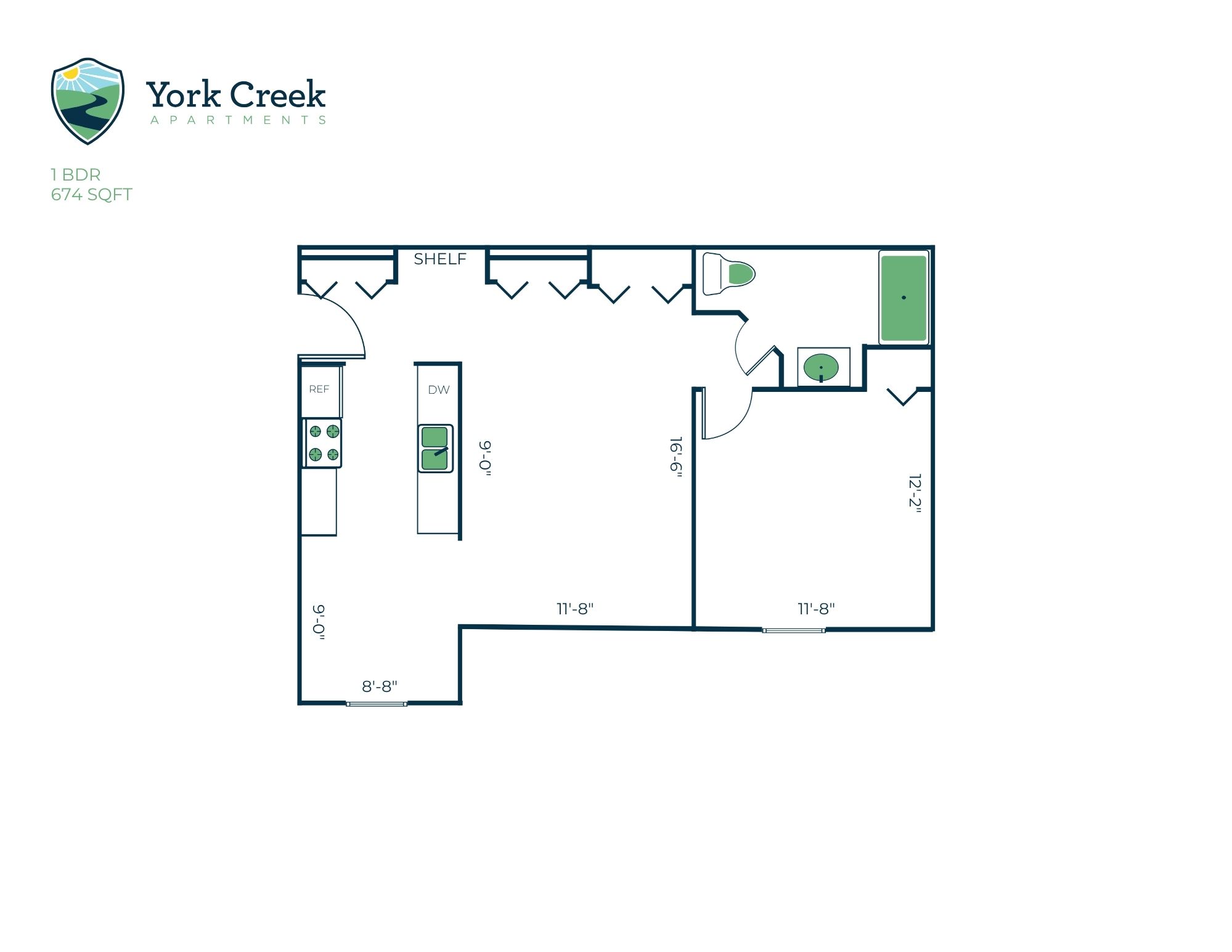 Floor plan for 1 bed, 1 bath, 674 sqft